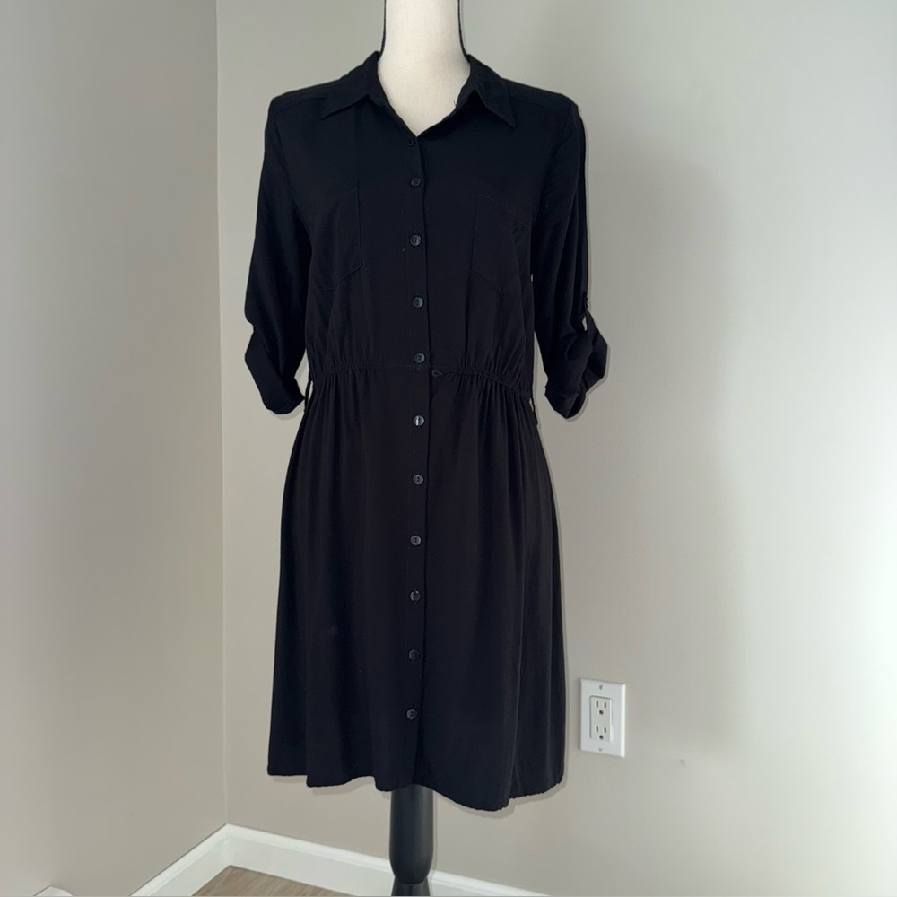IZ Byer Black‎ Button-Up Shirt Dress 3/4 sleeve size L 100% Rayon